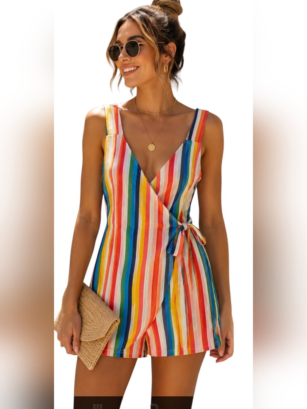 Le Lis Rainbow Stripe Linen Blend Wrap Front Romper Size Small NWT
